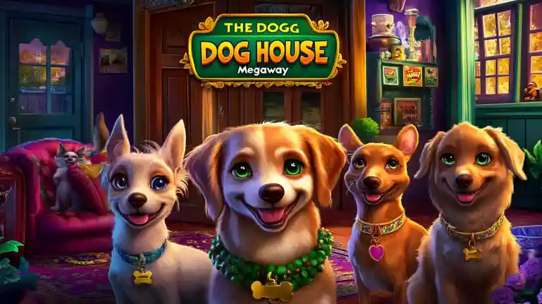 Quatro cães adoráveis de diferentes raças em casa aconchegante representando o jogo Dog House Megaway do Dentes777