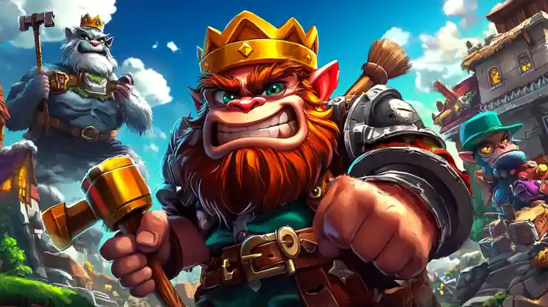 Rei anão ruivo com martelo dourado e coroa em cenário de castelo medieval representando aventuras fantasy do Dentes777