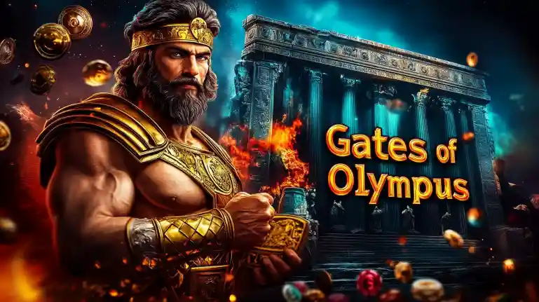 Guerreiro grego barbudo com armadura dourada em frente ao templo antigo representando Gates of Olympus no Dentes777