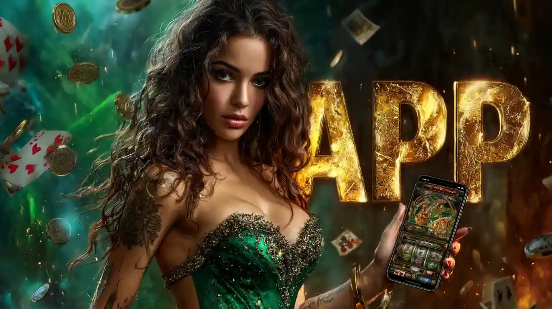 Mulher linda de cabelos cacheados em vestido verde brilhante segurando smartphone com display APP cercada por moedas douradas Dentes777