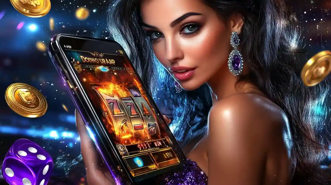 Mulher sofisticada com brincos de diamante segurando smartphone exibindo jogo de caça-níqueis Dentes777 em cenário cósmico de casino