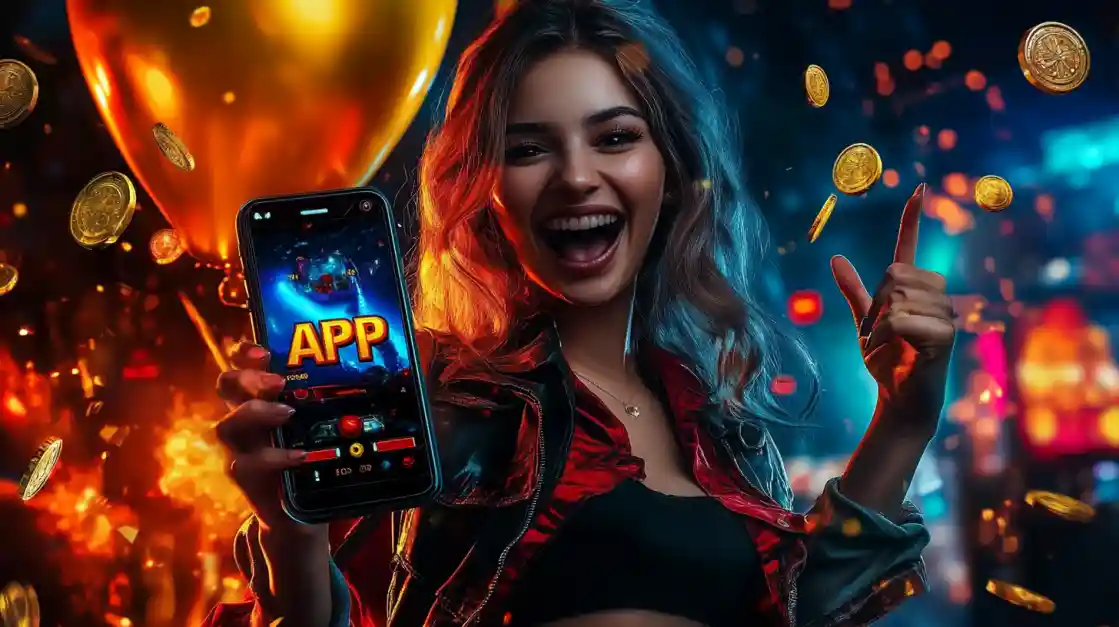 Mulher entusiasmada fazendo gesto de vitória enquanto segura app Dentes777 com moedas douradas voando ao redor em celebração