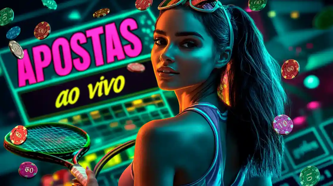 Mulher elegante com raquete de tênis em ambiente neon com texto APOSTAS ao vivo e fichas coloridas representando apostas esportivas ao vivo no Dentes777