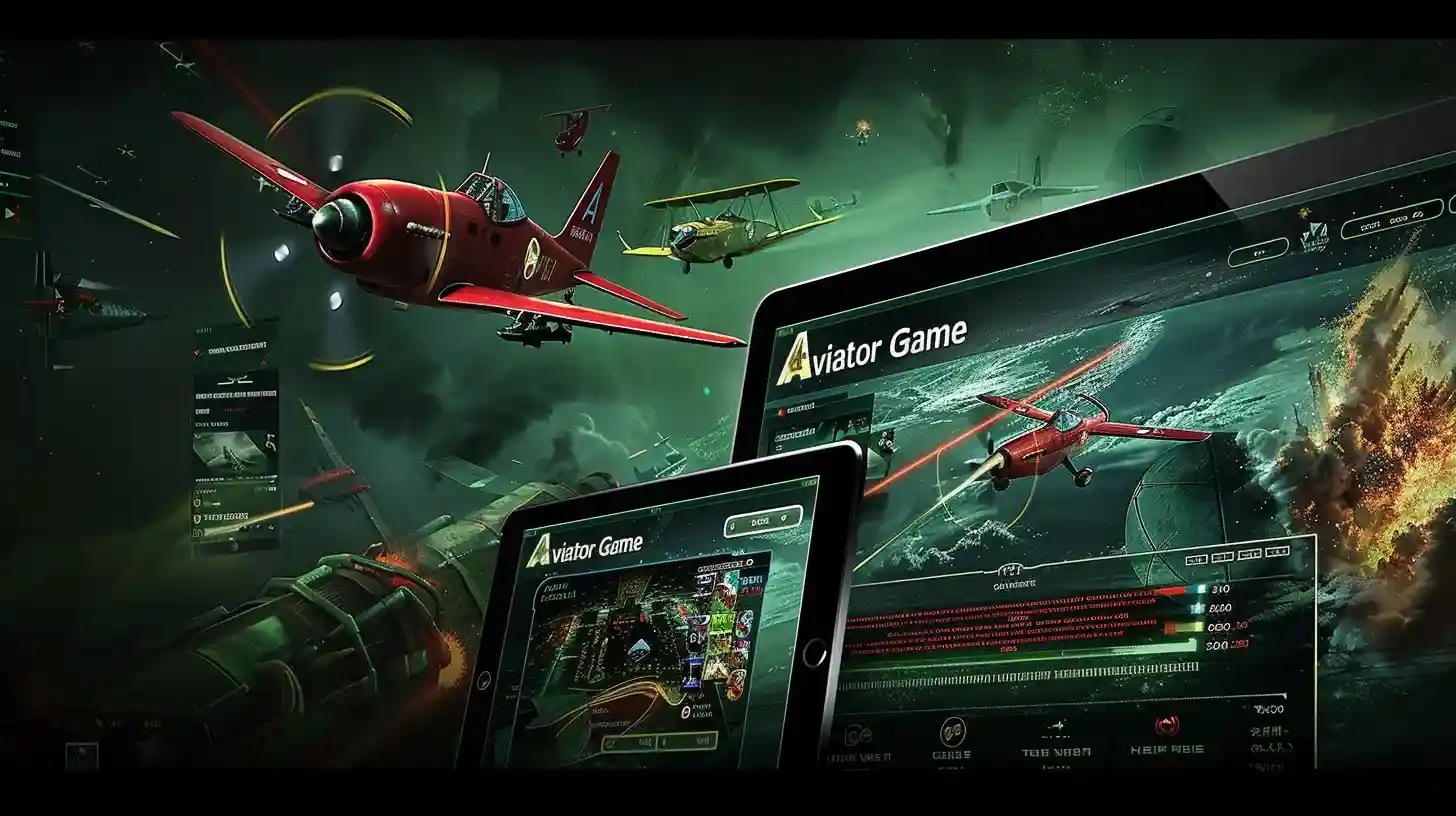 Aviões vermelhos em cenário de batalha épica com múltiplos dispositivos exibindo interface do Aviator Game no Dentes777