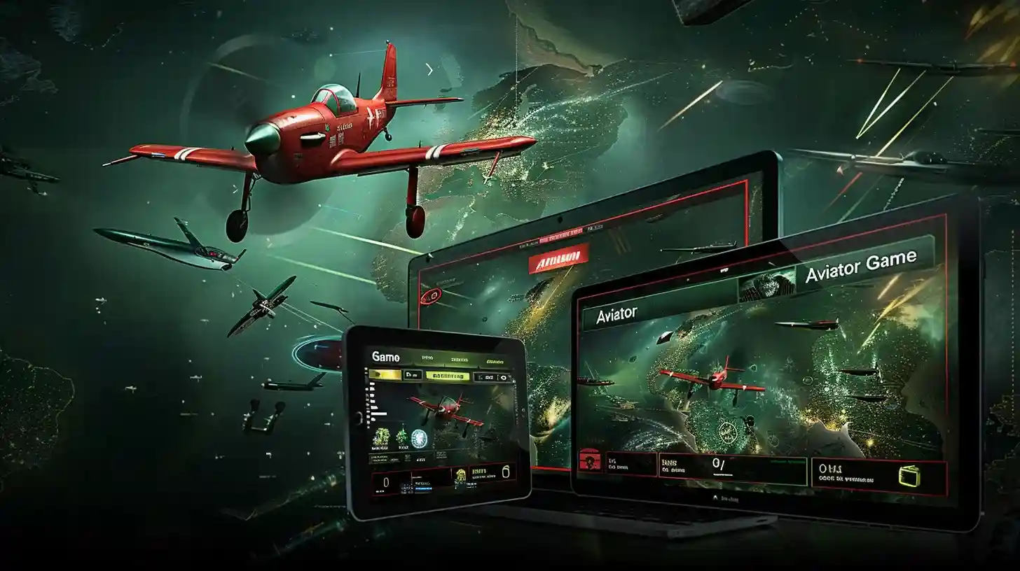 Aeronaves militares vermelhas com configuração multi-tela mostrando interfaces do Aviator Game em tablets e monitores do Dentes777