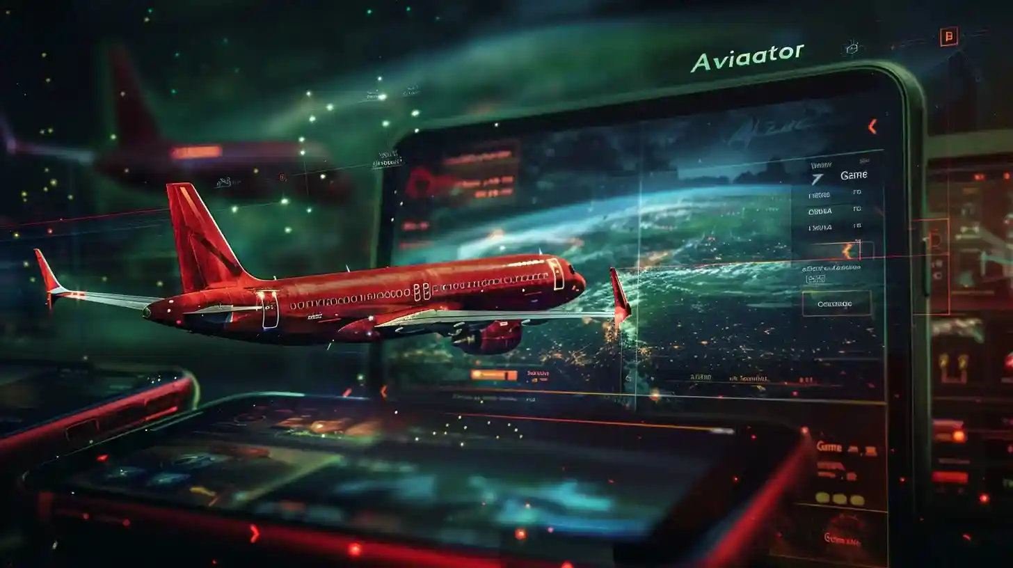 Avião comercial vermelho voando com smartphone exibindo interface do jogo Aviator em cenário atmosférico do Dentes777