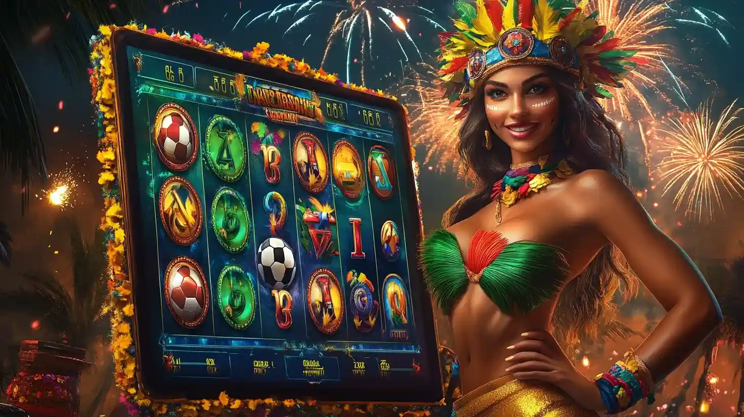 Mulher brasileira com cocar de penas coloridas ao lado de caça-níqueis temático com fogos de artifício representando Dentes777