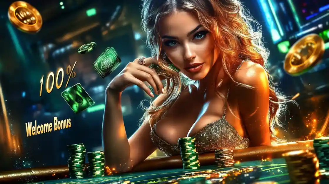 Mulher loira elegante com fichas verdes e texto 100% Welcome Bonus em ambiente luxuoso de casino Dentes777
