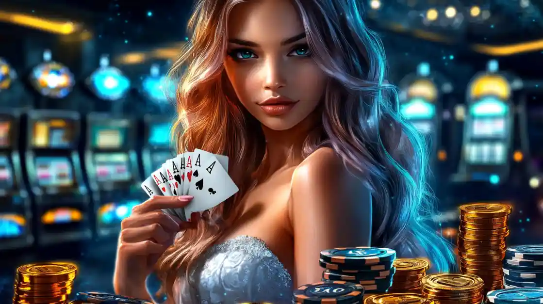 Mulher glamourosa segurando cartas de poker em ambiente noturno de casino com fichas douradas do Dentes777