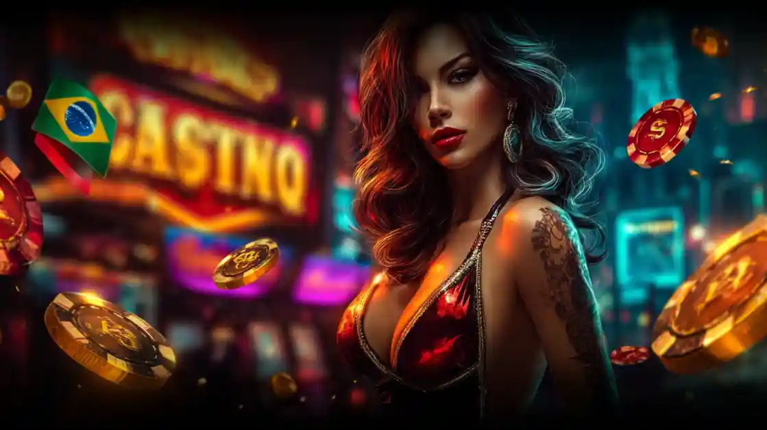 Mulher brasileira sensual em ambiente de casino noturno com letreiro CASINO e fichas douradas voando no Dentes777