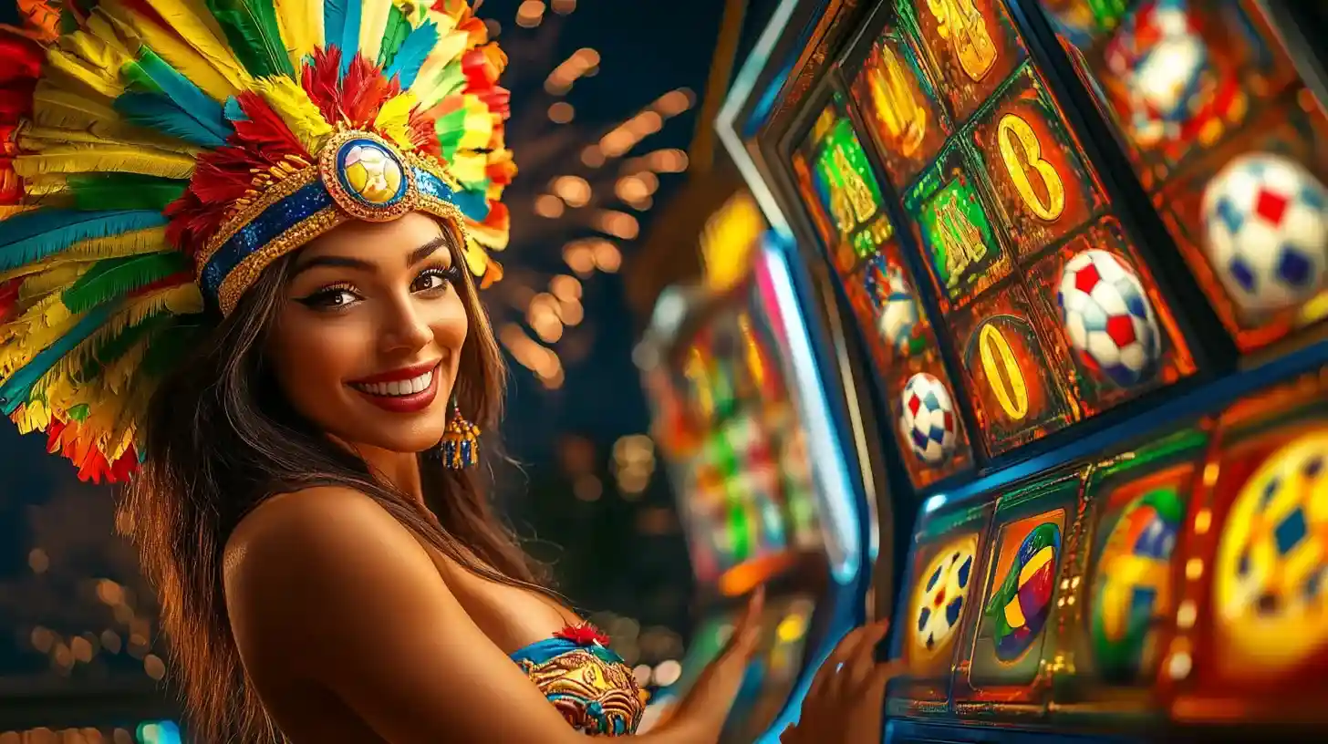 Mulher deslumbrante usando cocar de penas coloridas do carnaval ao lado de caça-níqueis vibrante no casino temático brasileiro Dentes777