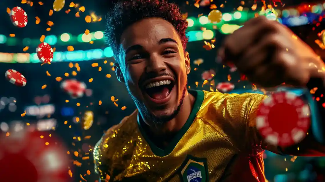 Homem alegre de camisa dourada comemorando grande vitória cercado por fichas de casino voando na atmosfera de jogos Dentes777