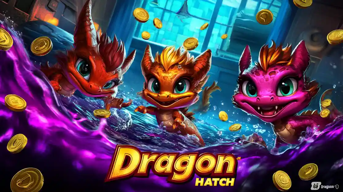 Três dragões bebês coloridos nadando em águas místicas com moedas douradas flutuando representando o jogo Dragon Hatch no Dentes777
