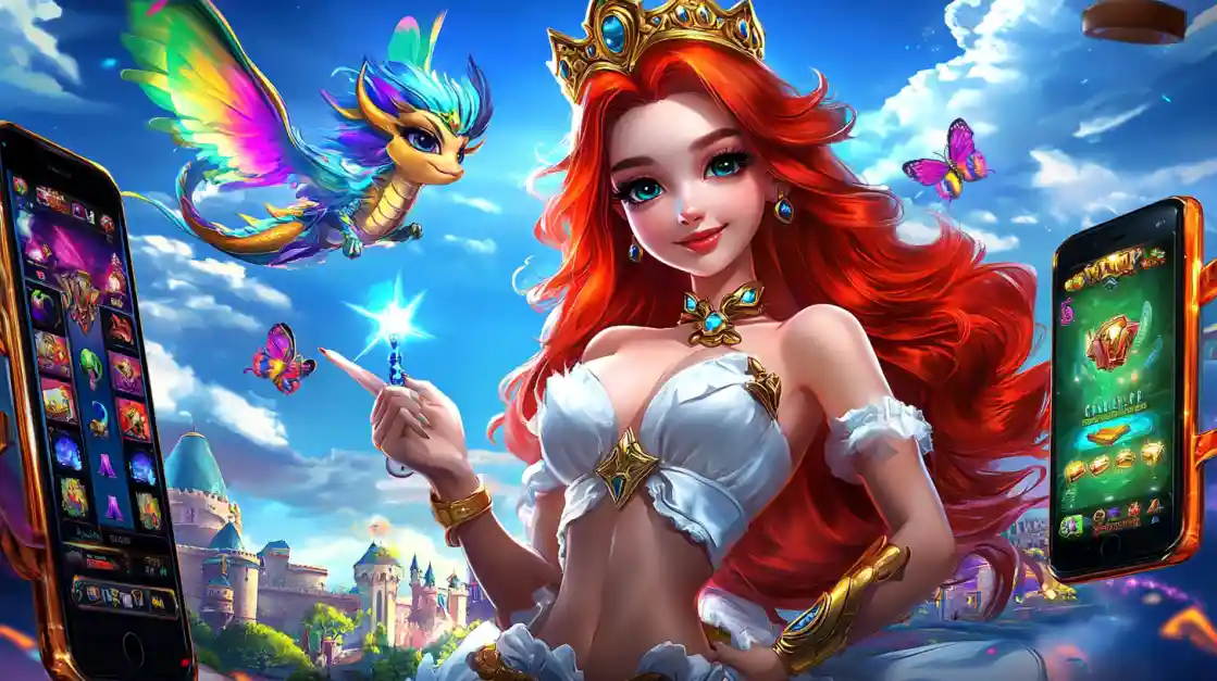 Princesa ruiva com coroa dourada e dragão voador em cenário de castelo mágico cercada por dispositivos de jogos Dentes777