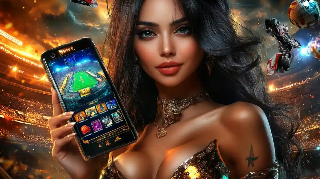 Mulher elegante segurando smartphone com app de jogos Dentes777 em cenário dramático de estádio com elementos de casino voando