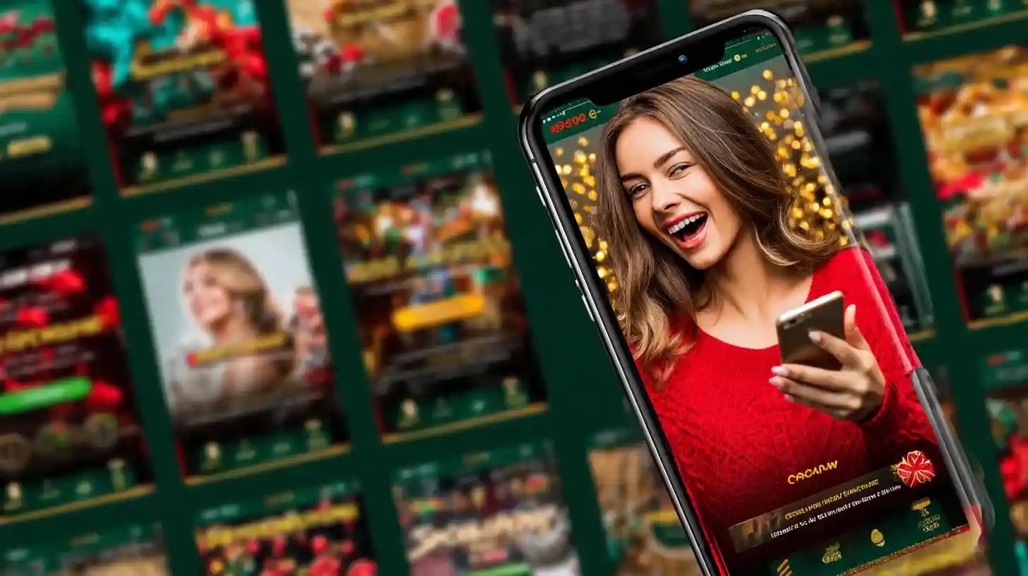 Mulher sorridente de suéter vermelho segurando smartphone com app Dentes777 em ambiente festivo de casino