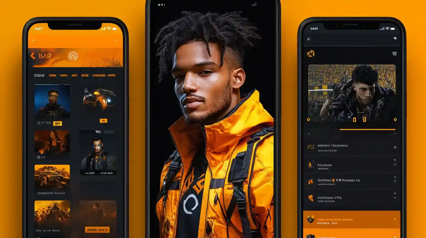 Três smartphones exibindo várias interfaces de jogos e retratos de personagens apresentando a plataforma de jogos móveis Dentes777